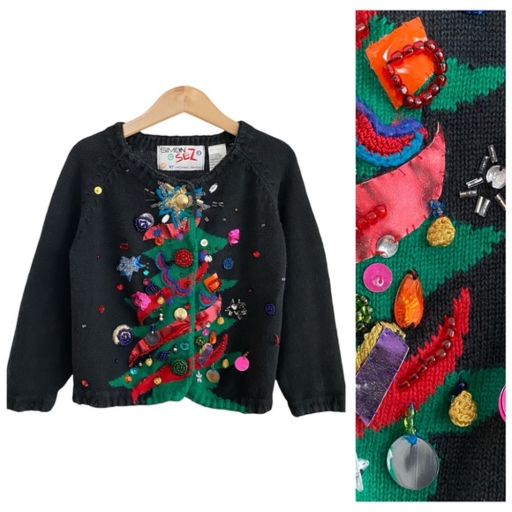 Vintage Michael Simon Colorful Bejeweled Christmas Tree Cardigan Sweater 4t